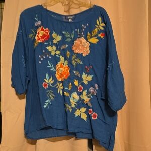 Johnny Was Blue Floral Embroidered Blouse